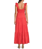 Skies Are Blue Poplin V-Neck Cap Sleeve Shirred Maxi Dress