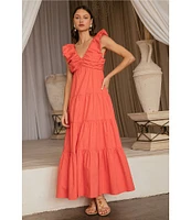 Skies Are Blue Poplin V-Neck Cap Sleeve Shirred Maxi Dress