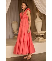 Skies Are Blue Poplin V-Neck Cap Sleeve Shirred Maxi Dress