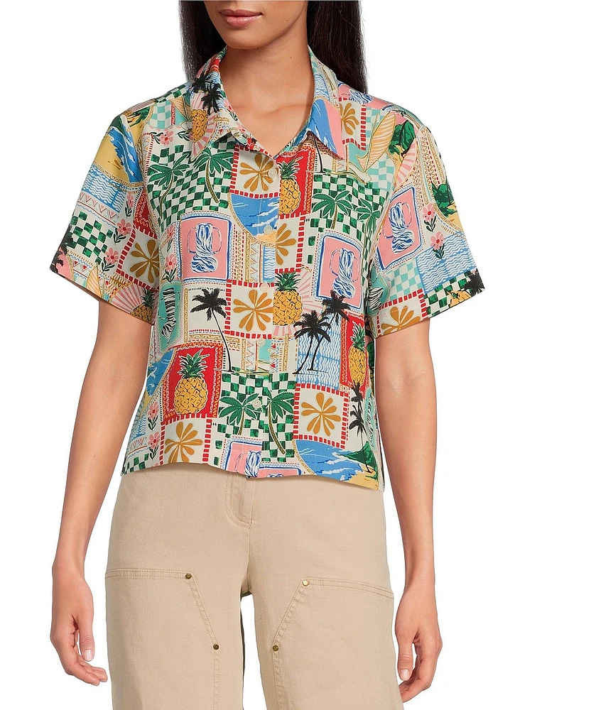 Skies Are Blue Postcard Print Button Front Point Collar Neck Short Sleeve Shirt