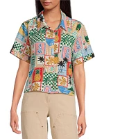 Skies Are Blue Postcard Print Button Front Point Collar Neck Short Sleeve Shirt
