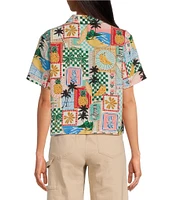 Skies Are Blue Postcard Print Button Front Point Collar Neck Short Sleeve Shirt