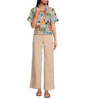 Skies Are Blue Postcard Print Button Front Point Collar Neck Short Sleeve Shirt