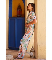 Skies Are Blue Postcard Print Button Front Point Collar Neck Short Sleeve Shirt