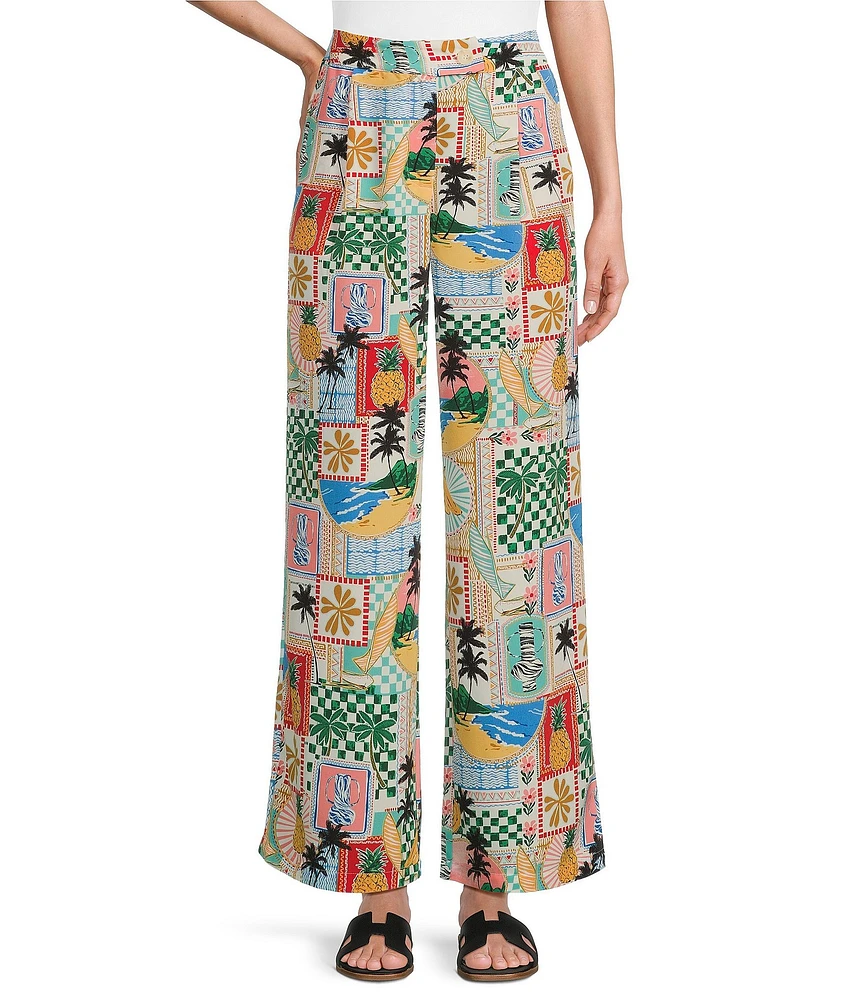 Skies Are Blue Postcard Printed High Waist Wide Leg Elastic Back Pant