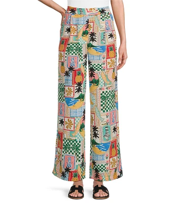 Skies Are Blue Postcard Printed High Waist Wide Leg Elastic Back Pant