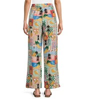 Skies Are Blue Postcard Printed High Waist Wide Leg Elastic Back Pant