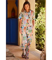 Skies Are Blue Postcard Printed High Waist Wide Leg Elastic Back Pant
