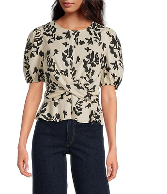 Skies Are Blue Printed Cotton Poplin Crew Neck Short Sleeve Criss Cross Front Top