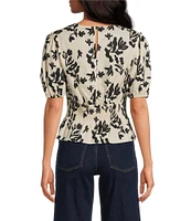 Skies Are Blue Printed Cotton Poplin Crew Neck Short Sleeve Criss Cross Front Top