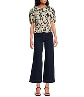 Skies Are Blue Printed Cotton Poplin Crew Neck Short Sleeve Criss Cross Front Top