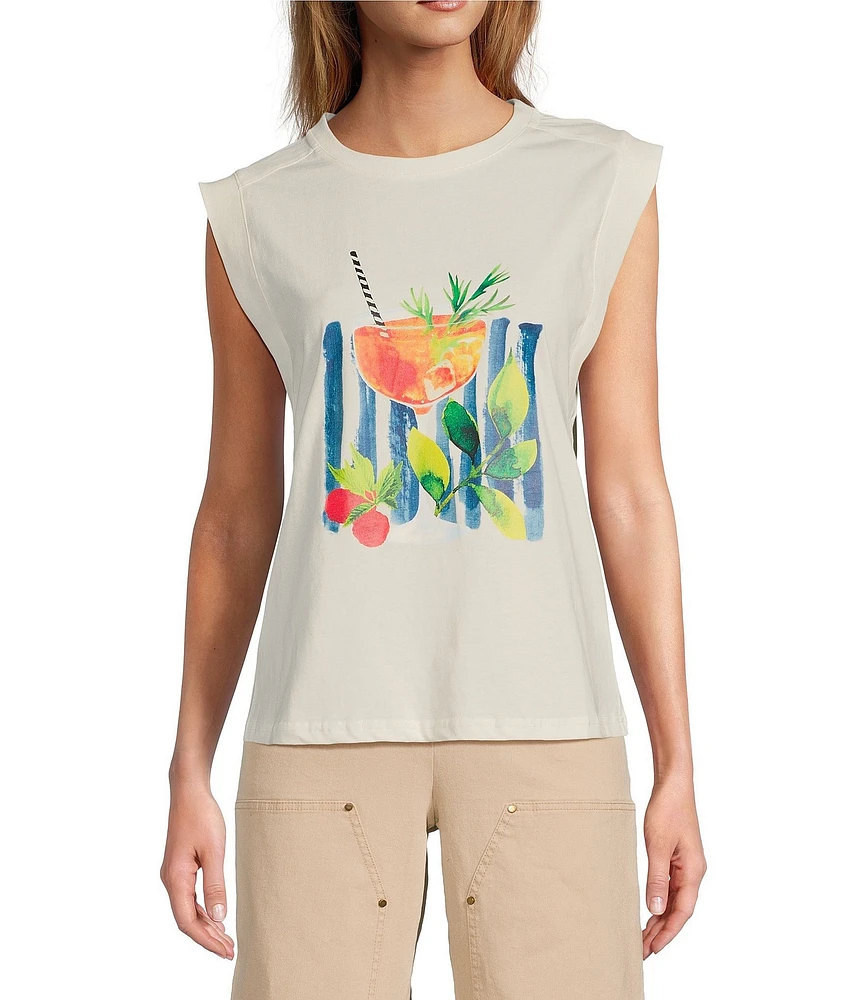 Skies Are Blue Printed Crew Neck Sleeveless Tee