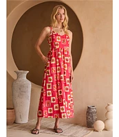 Skies Are Blue Printed Linen Blend V-Neck Back Smocked Maxi Dress