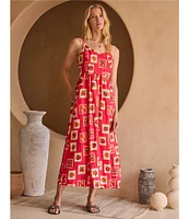 Skies Are Blue Printed Linen Blend V-Neck Back Smocked Maxi Dress