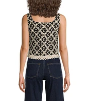 Skies Are Blue Printed Square Neck Sleeveless Crochet Trim Top