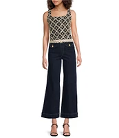 Skies Are Blue Printed Square Neck Sleeveless Crochet Trim Top