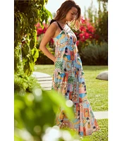 Skies Are Blue Printed Square Neck Sleeveless Tiered Maxi Dress
