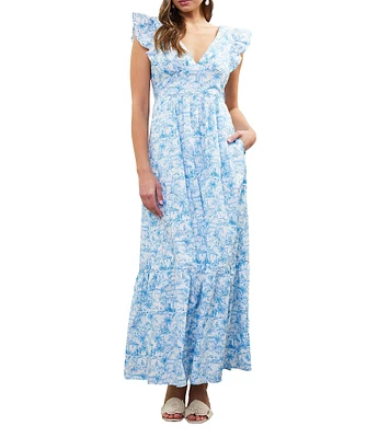 Skies Are Blue Printed V-Neck Flutter Sleeve Tiered Maxi Dress