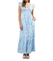 Skies Are Blue Printed V-Neck Flutter Sleeve Tiered Maxi Dress