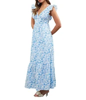 Skies Are Blue Printed V-Neck Flutter Sleeve Tiered Maxi Dress