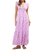 Skies Are Blue Printed V-Neck Flutter Sleeve Tiered Maxi Dress