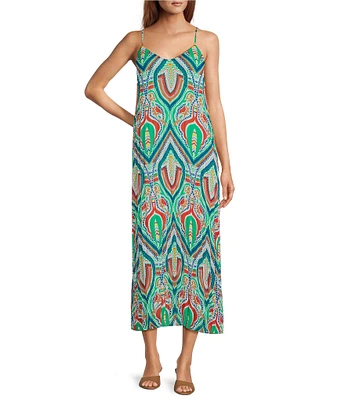 Skies Are Blue Printed V-Neck Sleeveless Pleated Maxi Dress