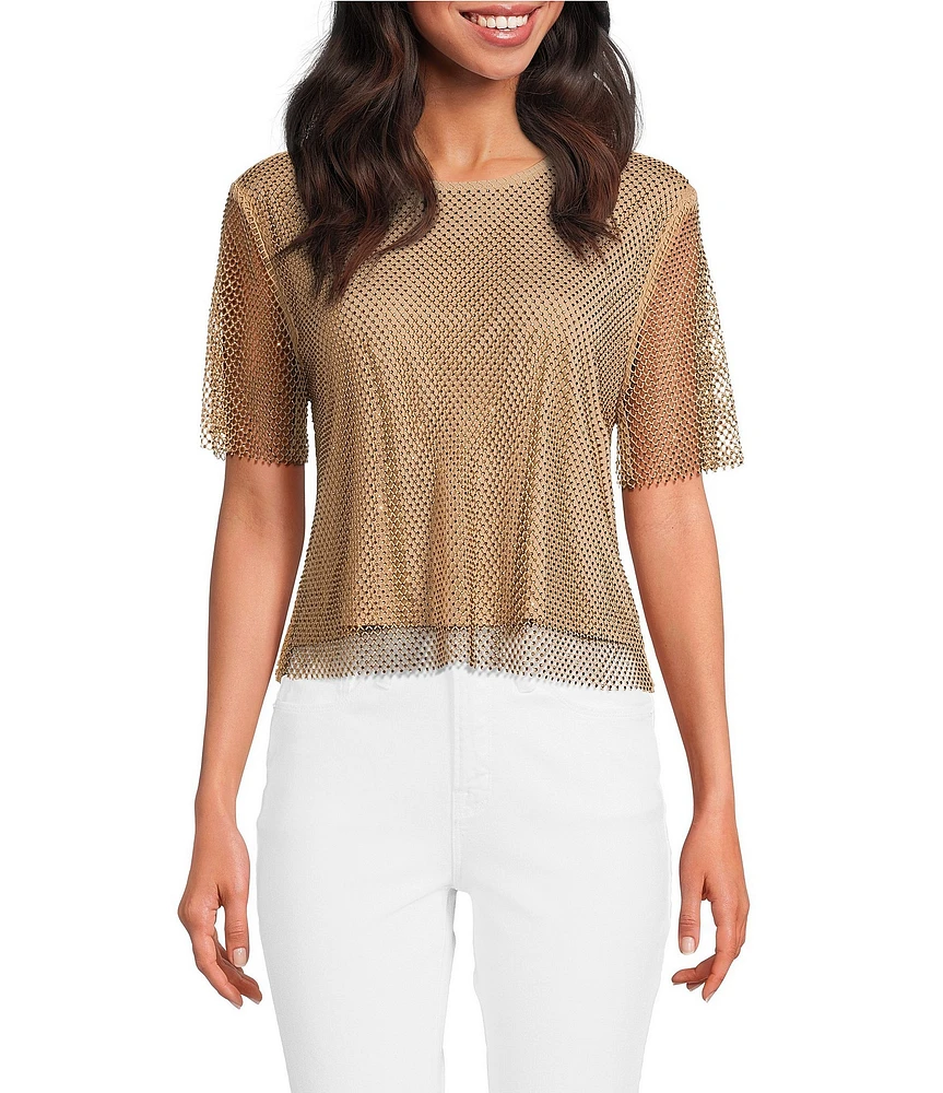 Skies Are Blue Rhinestone Mesh Scoop Neck Short Sleeve Top