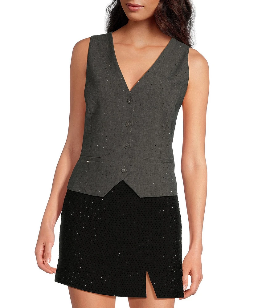 Skies Are Blue Rhinestone V-Neck Sleeveless Button Front Vest