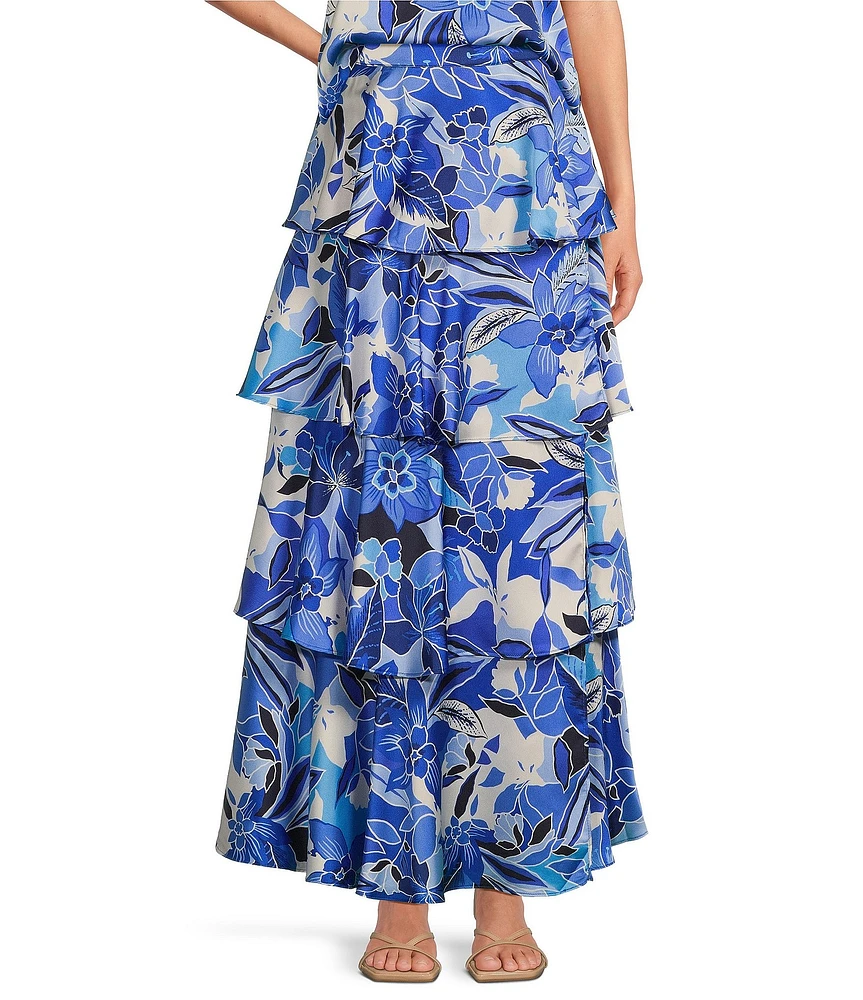 Skies Are Blue Coordinating Satin Floral Printed Tier Maxi Skirt