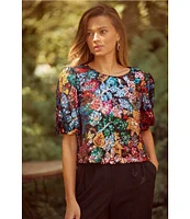 Skies Are Blue Sequin Floral Print Crew Neck Short Sleeve Top