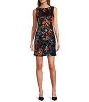 Skies Are Blue Sequin Floral Print Crew Neck Sleeveless Mini Dress