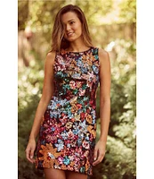 Skies Are Blue Sequin Floral Print Crew Neck Sleeveless Mini Dress