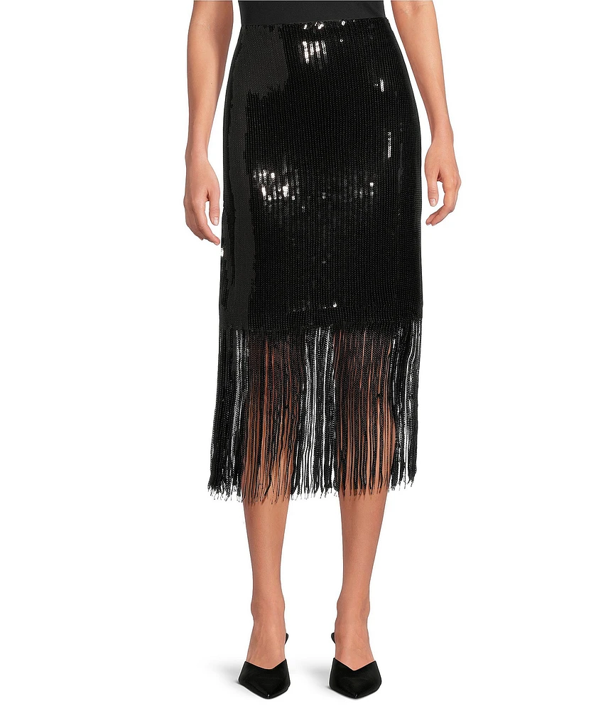 Skies Are Blue Sequin High Waist Fringe Midi Skirt