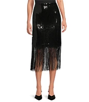 Skies Are Blue Sequin High Waist Fringe Midi Skirt