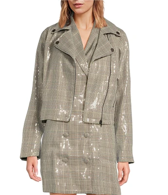 Skies Are Blue Sequin Plaid Print Notch Collar Neck Long Sleeve Front Zip Biker Jacket