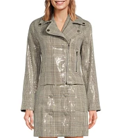 Skies Are Blue Sequin Plaid Print Notch Collar Neck Long Sleeve Front Zip Biker Jacket