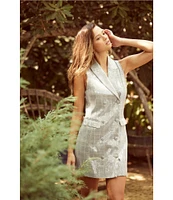 Skies Are Blue Sequin Plaid Print Notch Collar Neck Sleeveless Button Front Mini Blazer Dress