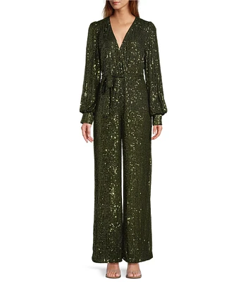 Skies Are Blue Sequin Wrap Tie V-Neck Long Sleeve Wide Leg Jumpsuit