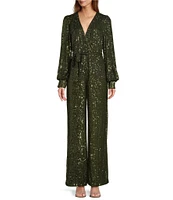 Skies Are Blue Sequin Wrap Tie V-Neck Long Sleeve Wide Leg Jumpsuit