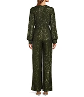 Skies Are Blue Sequin Wrap Tie V-Neck Long Sleeve Wide Leg Jumpsuit