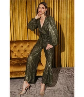 Skies Are Blue Sequin Wrap Tie V-Neck Long Sleeve Wide Leg Jumpsuit