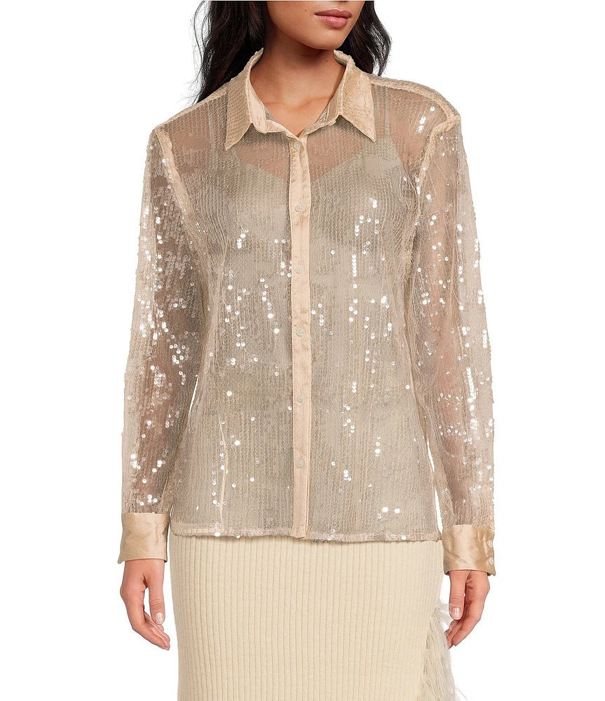 Skies Are Blue Sheer Sequin Point Collar Neck Long Sleeve Button Front Top