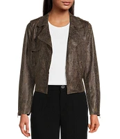 Skies Are Blue Soft Faux Suede Snake Print Notch Lapel Long Sleeve Open Front Moto Statement Jacket