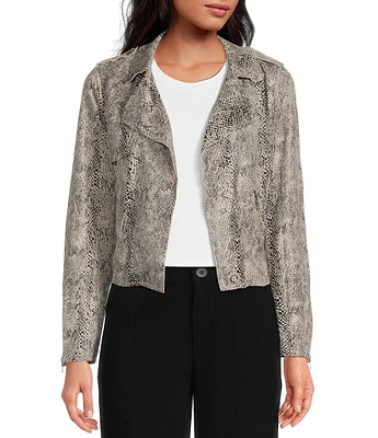 Skies Are Blue Soft Faux Suede Snake Print Notch Lapel Long Sleeve Open Front Moto Statement Jacket