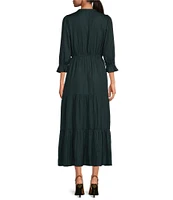 Skies Are Blue Split Tie Neck 3/4 Sleeve Tiered Ruffle Maxi Dress