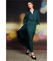 Skies Are Blue Split Tie Neck 3/4 Sleeve Tiered Ruffle Maxi Dress