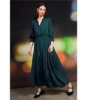 Skies Are Blue Split Tie Neck 3/4 Sleeve Tiered Ruffle Maxi Dress