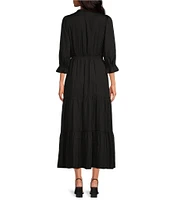 Skies Are Blue Split Tie Neck 3/4 Sleeve Tiered Ruffle Maxi Dress