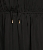 Skies Are Blue Split Tie Neck 3/4 Sleeve Tiered Ruffle Maxi Dress