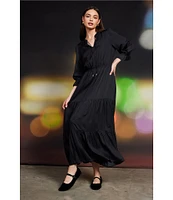 Skies Are Blue Split Tie Neck 3/4 Sleeve Tiered Ruffle Maxi Dress